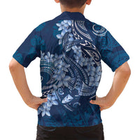 Navy Blue Polynesia Hammerhead Shark Tattoo With Plumeria Lei Family Matching Off Shoulder Short Dress and Hawaiian Shirt