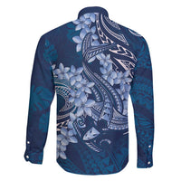 Navy Blue Polynesia Hammerhead Shark Tattoo With Plumeria Lei Family Matching Short Sleeve Bodycon Dress and Hawaiian Shirt