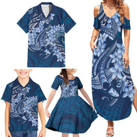 Navy Blue Polynesia Hammerhead Shark Tattoo With Plumeria Lei Family Matching Summer Maxi Dress and Hawaiian Shirt