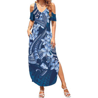 Navy Blue Polynesia Hammerhead Shark Tattoo With Plumeria Lei Family Matching Summer Maxi Dress and Hawaiian Shirt