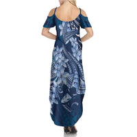 Navy Blue Polynesia Hammerhead Shark Tattoo With Plumeria Lei Family Matching Summer Maxi Dress and Hawaiian Shirt