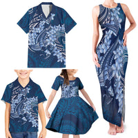 Navy Blue Polynesia Hammerhead Shark Tattoo With Plumeria Lei Family Matching Tank Maxi Dress and Hawaiian Shirt