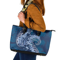 Navy Blue Polynesia Hammerhead Shark Tattoo With Plumeria Lei Leather Tote Bag
