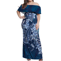 Navy Blue Polynesia Hammerhead Shark Tattoo With Plumeria Lei Off Shoulder Maxi Dress