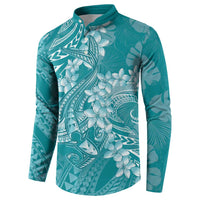 Teal Polynesia Hammerhead Shark Tattoo With Plumeria Lei Button Sweatshirt