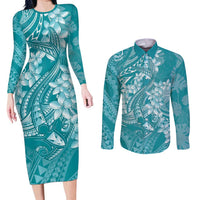 Teal Polynesia Hammerhead Shark Tattoo With Plumeria Lei Couples Matching Long Sleeve Bodycon Dress and Long Sleeve Button Shirt LT14 Teal - Polynesian Pride