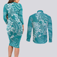 Teal Polynesia Hammerhead Shark Tattoo With Plumeria Lei Couples Matching Long Sleeve Bodycon Dress and Long Sleeve Button Shirt LT14 - Polynesian Pride