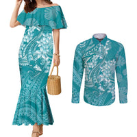 Teal Polynesia Hammerhead Shark Tattoo With Plumeria Lei Couples Matching Mermaid Dress and Long Sleeve Button Shirt