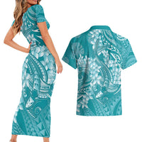 Teal Polynesia Hammerhead Shark Tattoo With Plumeria Lei Couples Matching Short Sleeve Bodycon Dress and Hawaiian Shirt