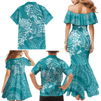 Teal Polynesia Hammerhead Shark Tattoo With Plumeria Lei Family Matching Mermaid Dress and Hawaiian Shirt