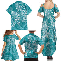 Teal Polynesia Hammerhead Shark Tattoo With Plumeria Lei Family Matching Summer Maxi Dress and Hawaiian Shirt