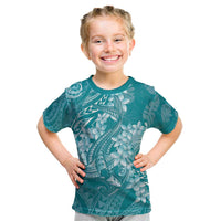 Teal Polynesia Hammerhead Shark Tattoo With Plumeria Lei Kid T Shirt LT14 Teal - Polynesian Pride