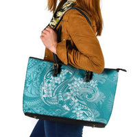 Teal Polynesia Hammerhead Shark Tattoo With Plumeria Lei Leather Tote Bag