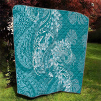 Teal Polynesia Hammerhead Shark Tattoo With Plumeria Lei Quilt