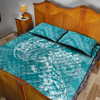 Teal Polynesia Hammerhead Shark Tattoo With Plumeria Lei Quilt Bed Set