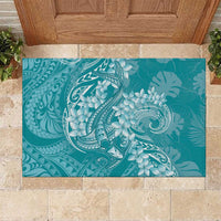 Teal Polynesia Hammerhead Shark Tattoo With Plumeria Lei Rubber Doormat