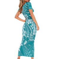 Teal Polynesia Hammerhead Shark Tattoo With Plumeria Lei Short Sleeve Bodycon Dress