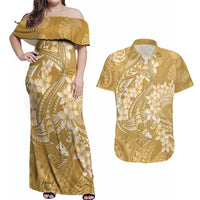 Yellow Polynesia Hammerhead Shark Tattoo With Plumeria Lei Couples Matching Off Shoulder Maxi Dress and Hawaiian Shirt