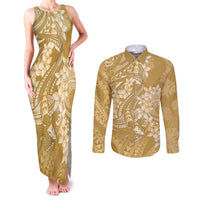 Yellow Polynesia Hammerhead Shark Tattoo With Plumeria Lei Couples Matching Tank Maxi Dress and Long Sleeve Button Shirt