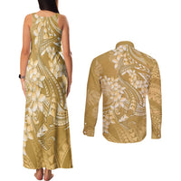 Yellow Polynesia Hammerhead Shark Tattoo With Plumeria Lei Couples Matching Tank Maxi Dress and Long Sleeve Button Shirt