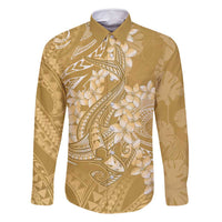 Yellow Polynesia Hammerhead Shark Tattoo With Plumeria Lei Family Matching Long Sleeve Bodycon Dress and Hawaiian Shirt