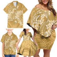 Yellow Polynesia Hammerhead Shark Tattoo With Plumeria Lei Family Matching Off Shoulder Short Dress and Hawaiian Shirt