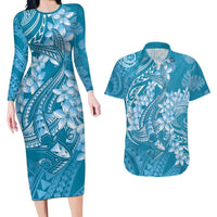 Blue Polynesia Hammerhead Shark Tattoo With Plumeria Lei Couples Matching Long Sleeve Bodycon Dress and Hawaiian Shirt