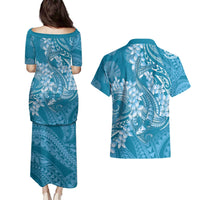 Blue Polynesia Hammerhead Shark Tattoo With Plumeria Lei Couples Matching Puletasi and Hawaiian Shirt