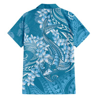 Blue Polynesia Hammerhead Shark Tattoo With Plumeria Lei Family Matching Long Sleeve Bodycon Dress and Hawaiian Shirt