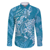 Blue Polynesia Hammerhead Shark Tattoo With Plumeria Lei Family Matching Long Sleeve Bodycon Dress and Hawaiian Shirt