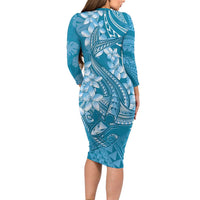 Blue Polynesia Hammerhead Shark Tattoo With Plumeria Lei Family Matching Long Sleeve Bodycon Dress and Hawaiian Shirt