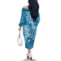 Blue Polynesia Hammerhead Shark Tattoo With Plumeria Lei Family Matching Off The Shoulder Long Sleeve Dress and Hawaiian Shirt