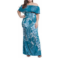 Blue Polynesia Hammerhead Shark Tattoo With Plumeria Lei Family Matching Off Shoulder Maxi Dress and Hawaiian Shirt
