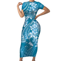 Blue Polynesia Hammerhead Shark Tattoo With Plumeria Lei Family Matching Short Sleeve Bodycon Dress and Hawaiian Shirt
