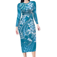 Blue Polynesia Hammerhead Shark Tattoo With Plumeria Lei Long Sleeve Bodycon Dress