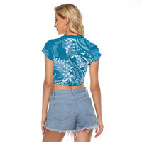 Blue Polynesia Hammerhead Shark Tattoo With Plumeria Lei Raglan Cropped T Shirt LT14 - Polynesian Pride