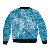 Blue Polynesia Hammerhead Shark Tattoo With Plumeria Lei Sleeve Zip Bomber Jacket