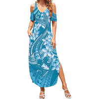 Blue Polynesia Hammerhead Shark Tattoo With Plumeria Lei Summer Maxi Dress