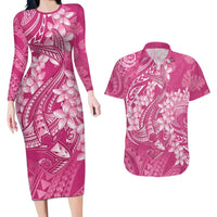 Pink Polynesia Hammerhead Shark Tattoo With Plumeria Lei Couples Matching Long Sleeve Bodycon Dress and Hawaiian Shirt