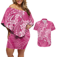 Pink Polynesia Hammerhead Shark Tattoo With Plumeria Lei Couples Matching Off Shoulder Short Dress and Hawaiian Shirt