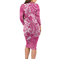 Pink Polynesia Hammerhead Shark Tattoo With Plumeria Lei Family Matching Long Sleeve Bodycon Dress and Hawaiian Shirt