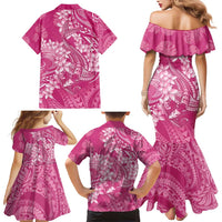 Pink Polynesia Hammerhead Shark Tattoo With Plumeria Lei Family Matching Mermaid Dress and Hawaiian Shirt