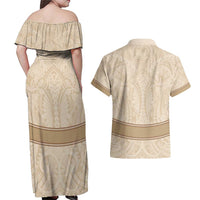 Mauri Ribaberiki Kiribati Couples Matching Off Shoulder Maxi Dress and Hawaiian Shirt Cowrie Shells Lei Palm Leaf Weaving