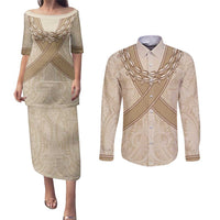 Mauri Ribaberiki Kiribati Couples Matching Puletasi and Long Sleeve Button Shirt Cowrie Shells Lei Palm Leaf Weaving