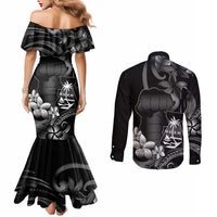 Black Hafa Adai Guam Couples Matching Mermaid Dress and Long Sleeve Button Shirt Chamorro Latte Stone Hand With Plumeria