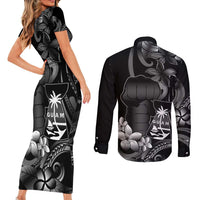 Black Hafa Adai Guam Couples Matching Short Sleeve Bodycon Dress and Long Sleeve Button Shirt Chamorro Latte Stone Hand With Plumeria