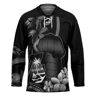 Black Hafa Adai Guam Hockey Jersey Chamorro Latte Stone Hand With Plumeria - Polynesian Pride