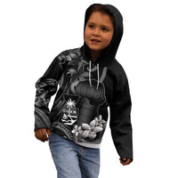 Black Hafa Adai Guam Kid Hoodie Chamorro Latte Stone Hand With Plumeria
