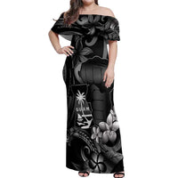 Black Hafa Adai Guam Off Shoulder Maxi Dress Chamorro Latte Stone Hand With Plumeria