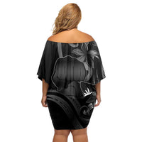 Black Hafa Adai Guam Off Shoulder Short Dress Chamorro Latte Stone Hand With Plumeria